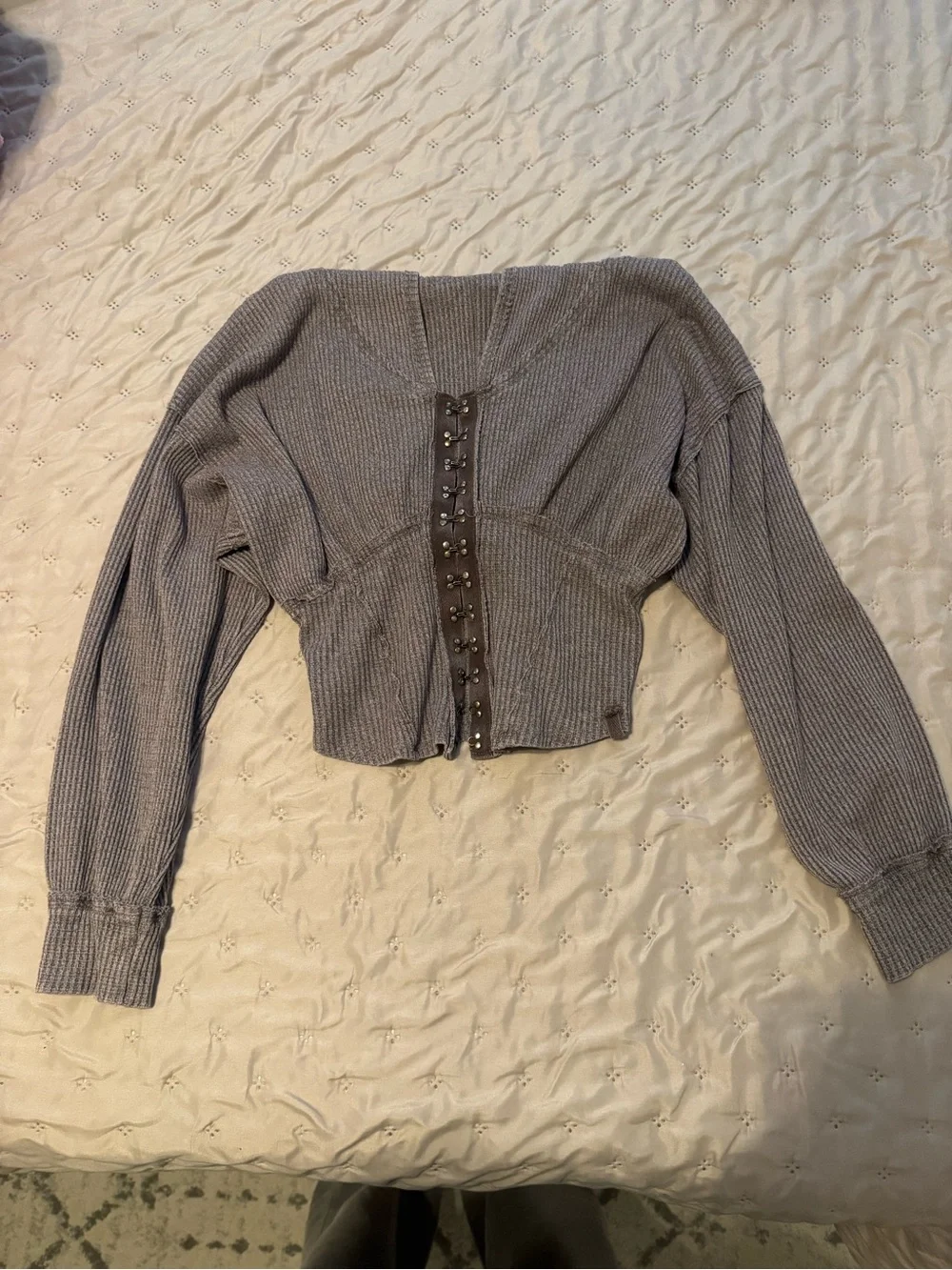 Heather Gray Ribbed Cropped Cinched Top with Hook Closure- FREE PEOPLE